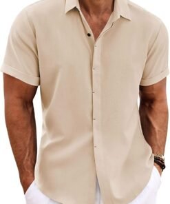 Men's Linen Shirts Short Sleeve Casual Shirts Button Down Shirt for Men Beach Summer Wedding Shirt