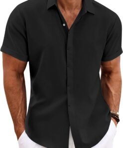 Men's Linen Shirts Short Sleeve Casual Shirts Button Down Shirt for Men Beach Summer Wedding Shirt