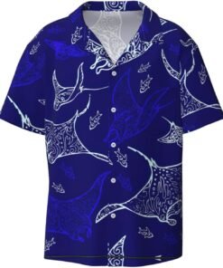 Medium Men Casual Short-Sleeved Shirt â€“ Summer Hawaiian Beach Tops for Outdoor Trips & Everyday Wear Manta Ray and Fish Black