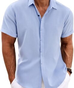 Men's Linen Shirts Short Sleeve Casual Shirts Button Down Shirt for Men Beach Summer Wedding Shirt