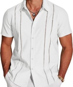 Men's Cuban Guayabera Shirt Short Sleeve Button Down Shirts Casual Summer Beach Linen Shirts
