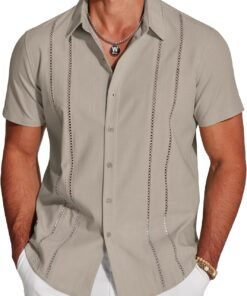Men's Cuban Guayabera Shirt Short Sleeve Button Down Shirts Casual Summer Beach Linen Shirts
