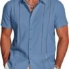 Men's Cuban Guayabera Shirt Short Sleeve Button Down Shirts Casual Summer Beach Linen Shirts
