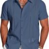 Men's Cuban Guayabera Shirt Short Sleeve Button Down Shirts Casual Summer Beach Linen Shirts