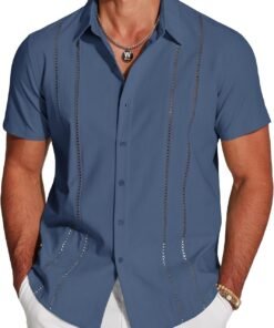 Men's Cuban Guayabera Shirt Short Sleeve Button Down Shirts Casual Summer Beach Linen Shirts