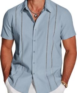 Men's Cuban Guayabera Shirt Short Sleeve Button Down Shirts Casual Summer Beach Linen Shirts