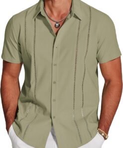 Men's Cuban Guayabera Shirt Short Sleeve Button Down Shirts Casual Summer Beach Linen Shirts