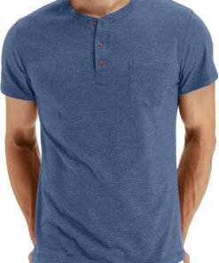 Men Henley Shirt Short Sleeve Summer T-Shirt with Pocket Solid Button Tee Top