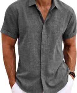 Men's Linen Shirts Short Sleeve Casual Shirts Button Down Shirt for Men Beach Summer Wedding Shirt