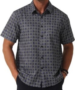 Men Short Sleeve Printed Business Shirt Button Down Dress Casual Polka Dot Print Shirt