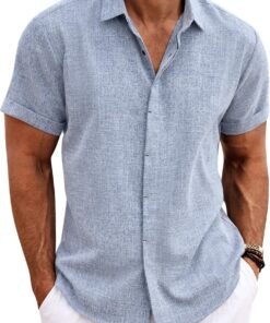 Men's Linen Shirts Short Sleeve Casual Shirts Button Down Shirt for Men Beach Summer Wedding Shirt