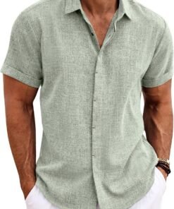 Men's Linen Shirts Short Sleeve Casual Shirts Button Down Shirt for Men Beach Summer Wedding Shirt