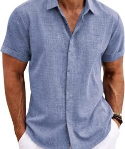 Men's Linen Shirts Short Sleeve Casual Shirts Button Down Shirt for Men Beach Summer Wedding Shirt