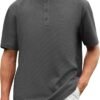 Men Henley Short Sleeve Fashion Casual Round Neck Button Down Waffle Henley Soild T Shirts