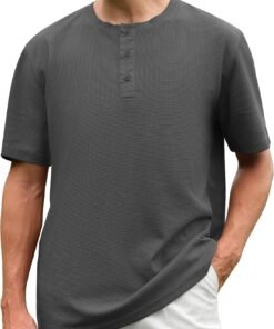 Men Henley Short Sleeve Fashion Casual Round Neck Button Down Waffle Henley Soild T Shirts